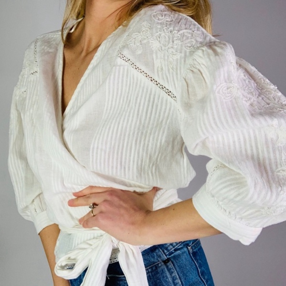 Zara Textured Embroidered White Wrap Top